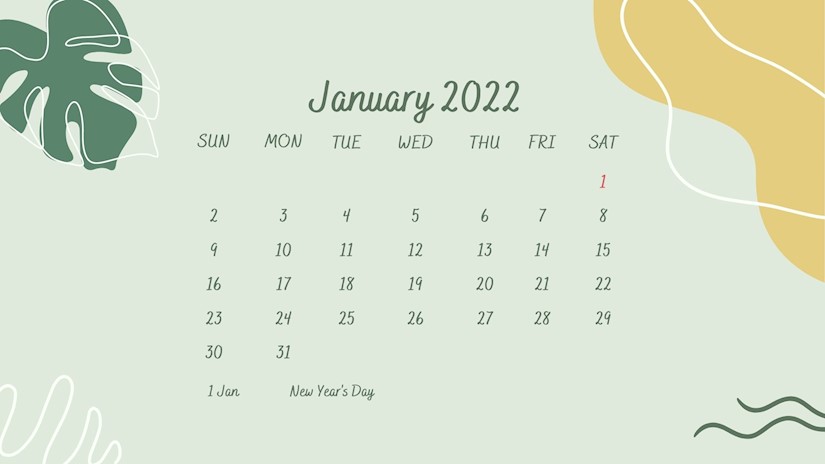 green illustrationj anuary 2022 calendar