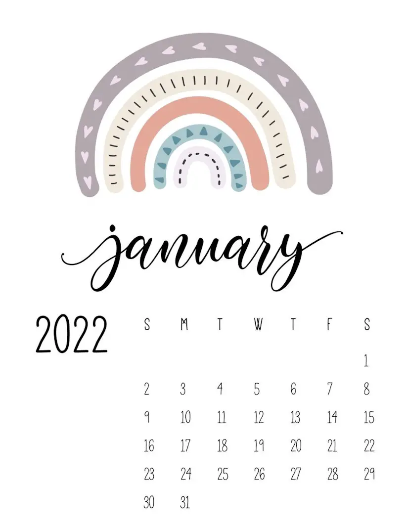 january 2022 calendar rainbow