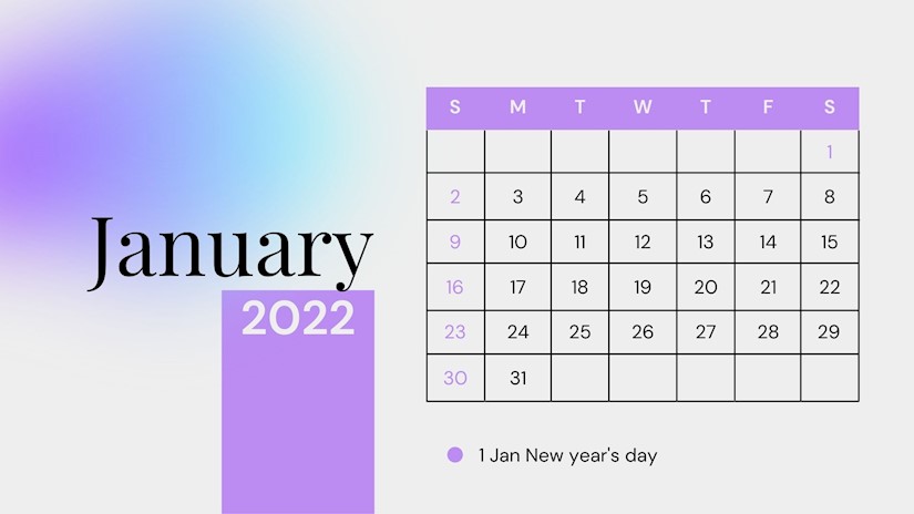 minimal purple january 2022 calendar