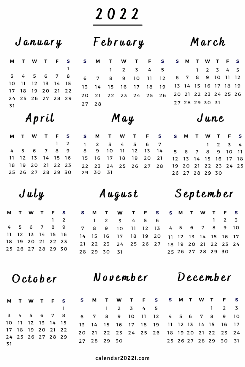 one page 2022 calendar printable download calendar 2022