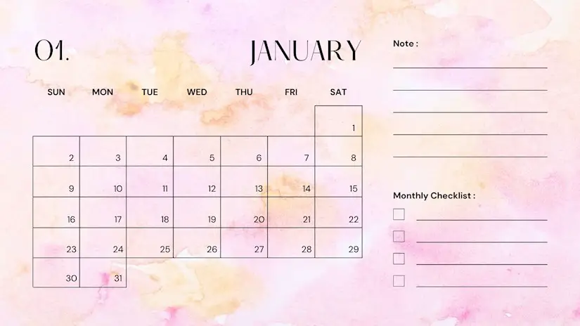 pink elegant calendar january