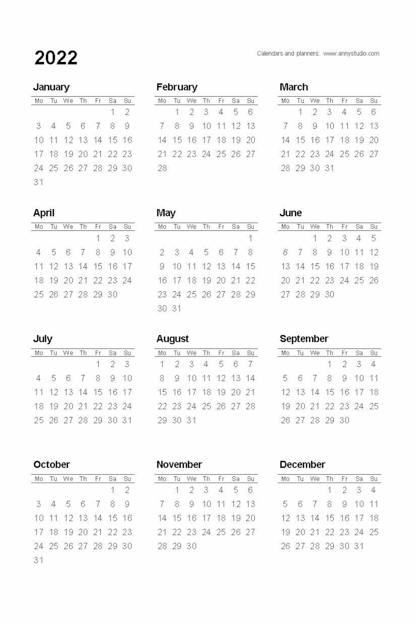 simple calendar 2022 printable
