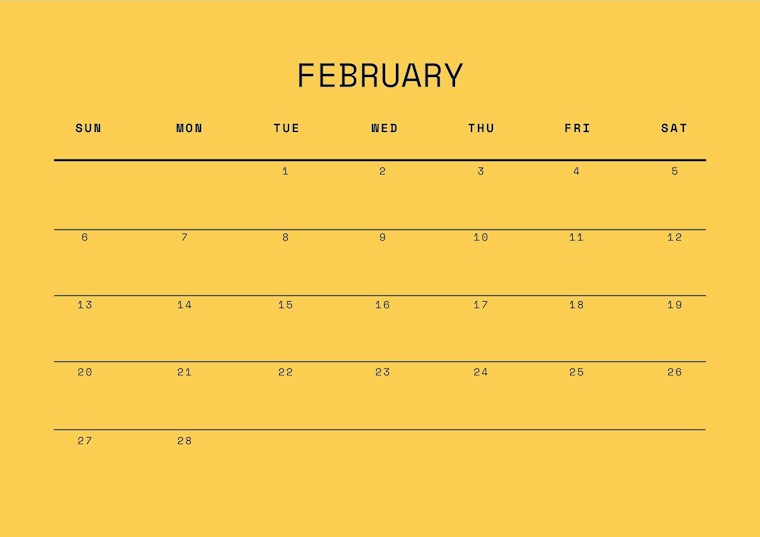 yellow lines february calendar 2022