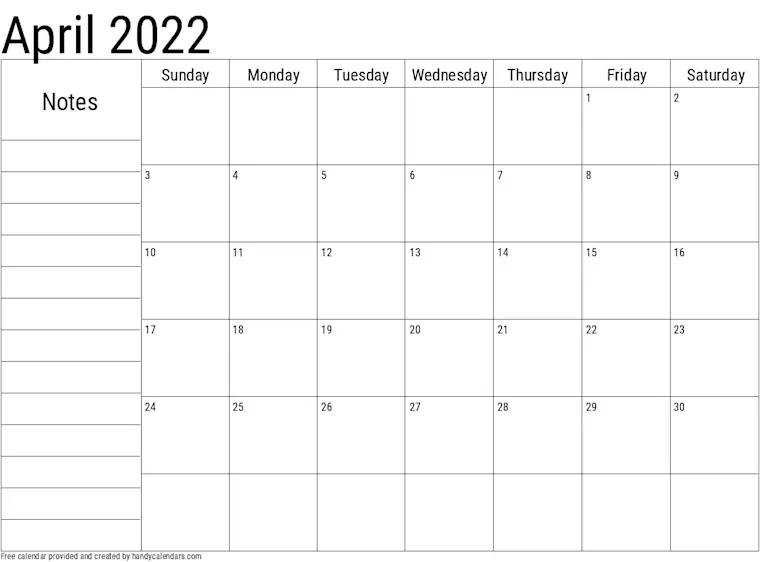 2022 april calendar with notes
