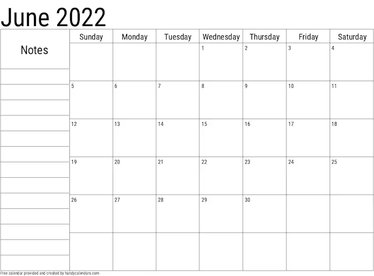 2022 june calendar with notes