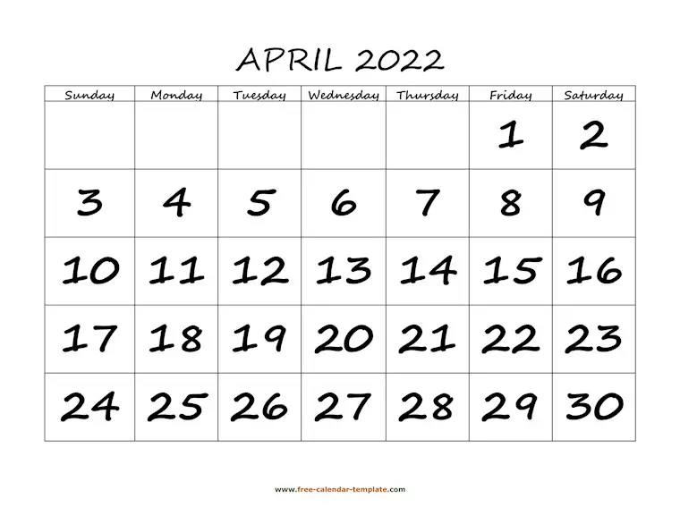 april 2022 calendar bigfont horizontal