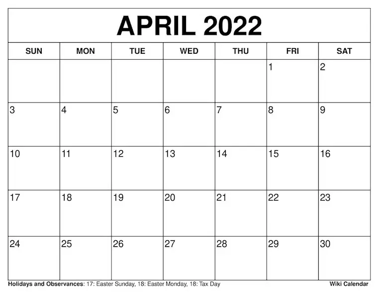 april 2022 calendar simple