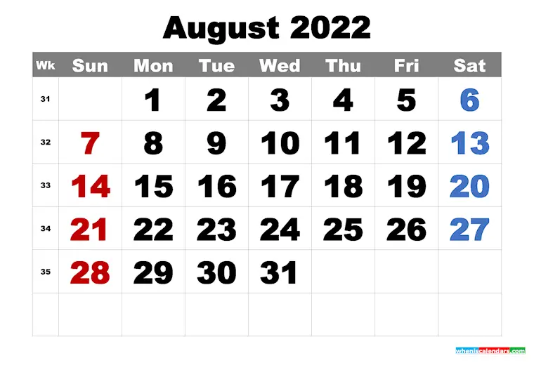 august 2022 monthly calendar printable wk arialblk