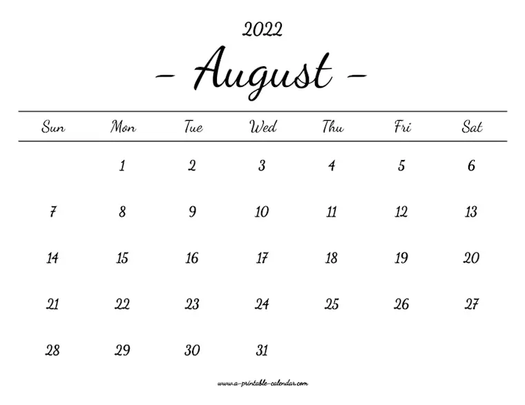 august calendar 2022 printable