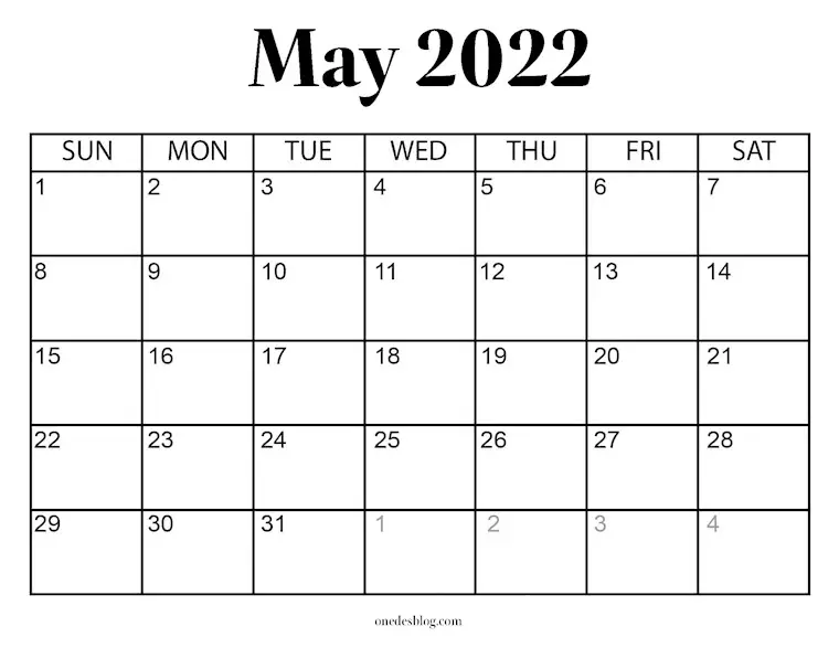 36 Printable Free May 2022 Calendars to Download - Onedesblog