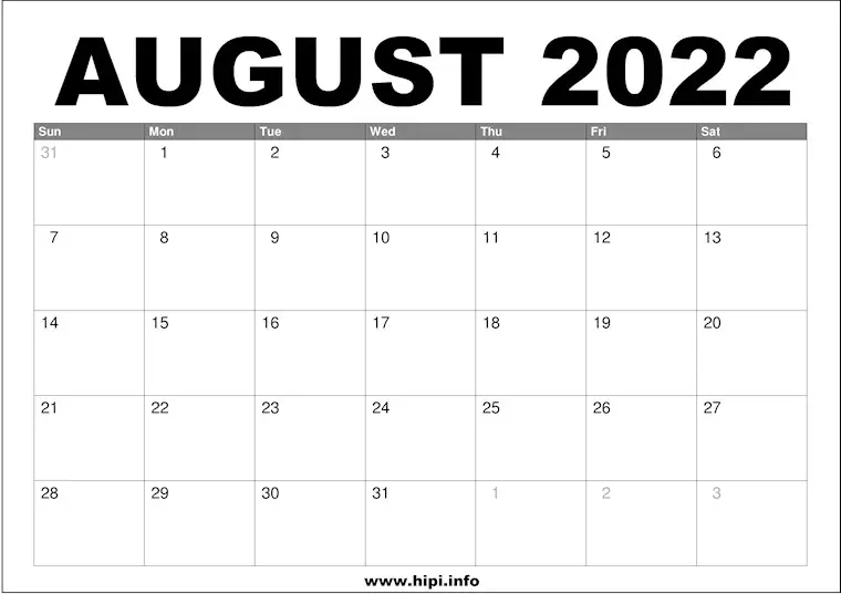 blank bold august calendar 2022 printable