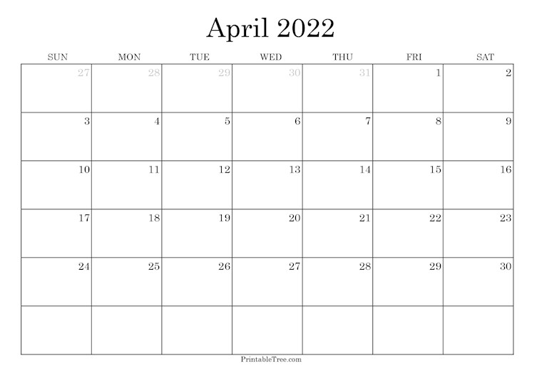 blank monthly calendar april 2022