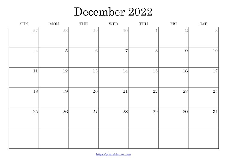 blank monthly calendar december 2022
