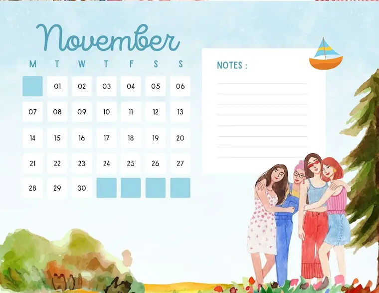 blue watercolor november 2022 calendar