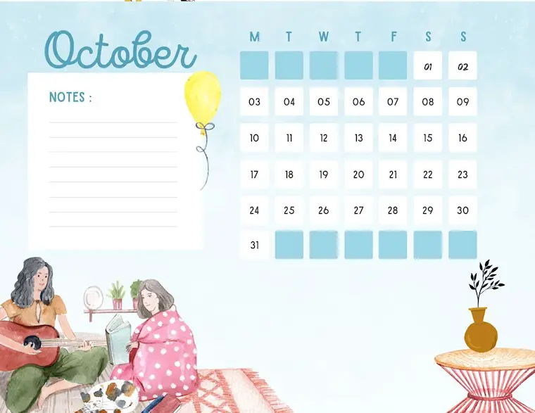 blue watercolor october 2022 calendar