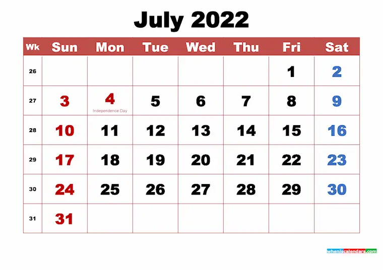 bold july 2022 calendar blank