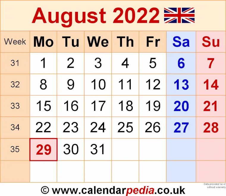 calendar august 2022 uk