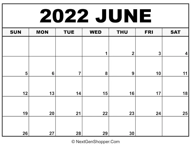 calendar for june 2022