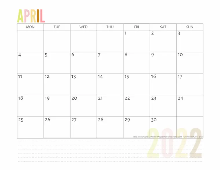 colorful april 2022 calendar simple