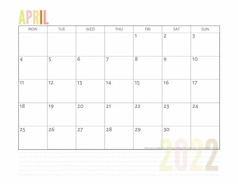 42 Simple & Cute Printable April Calendars 2022