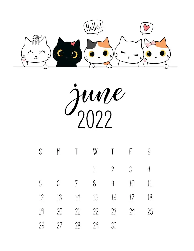 cute 2022 printable calendar june cats