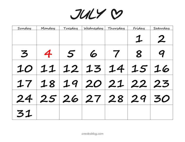 cute font july calendar 2022 print