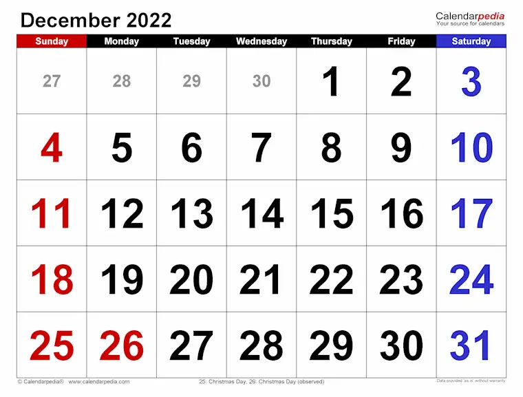 december 2022 calendar large numerals