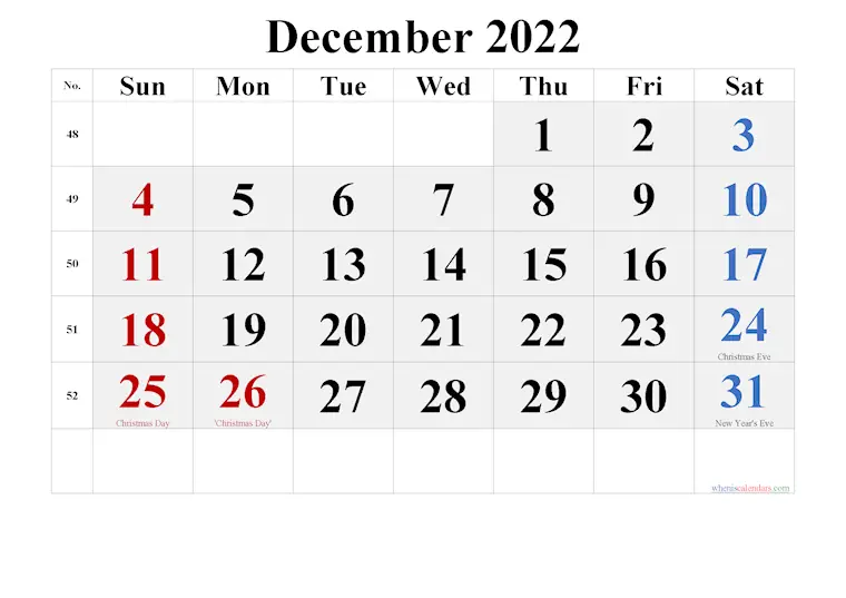 december 2022 calendar printable holidays week tnr 5