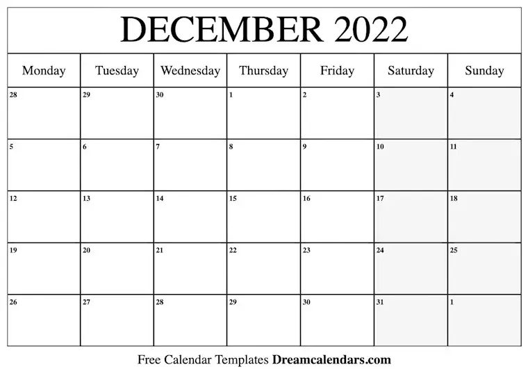 december 2022 calendar printable monday