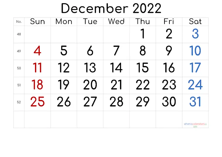 december 2022 calendar printable week numbers cof 4