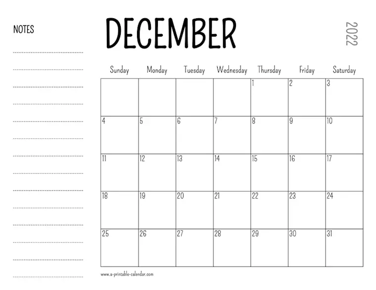 december 2022 printable calendar