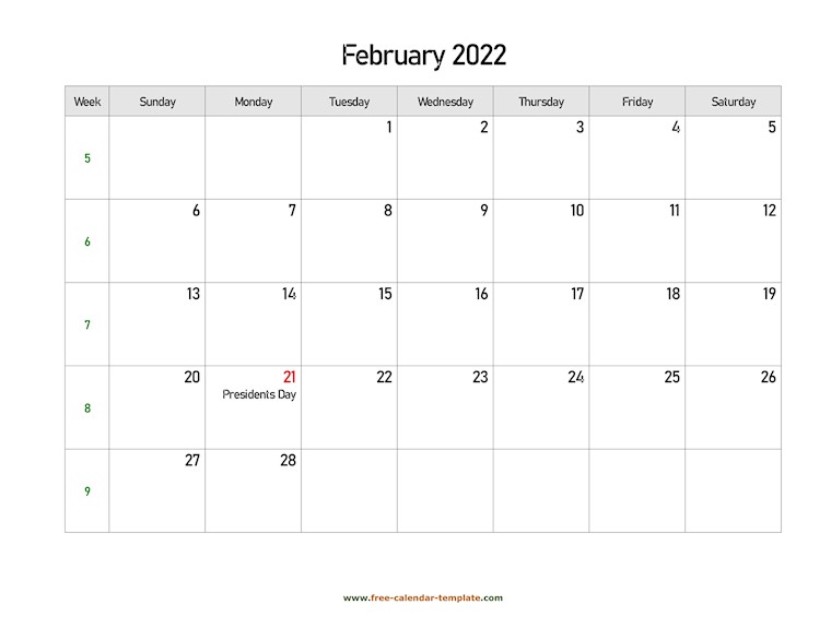 february 2022 calendar holidays horizontal