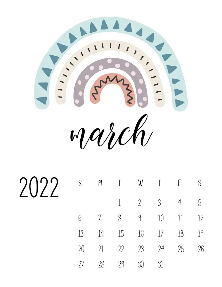 free printable 2022 rainbow calendar