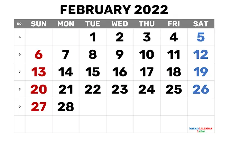 31 Minimalist Printable February 2022 Calendars with Holidays - Onedesblog