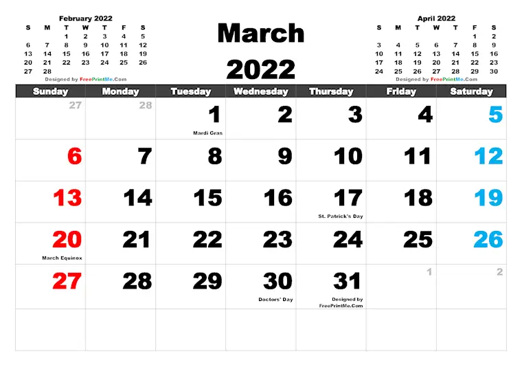 free printable march 2022 calendar with holidays freeprintme com arialblk