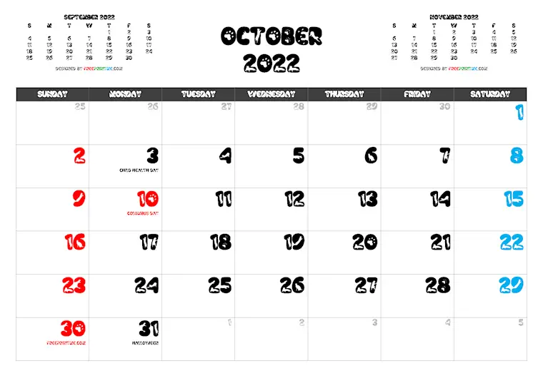 free printable october 2022 calendar with holidays freeprintme com cutemeow