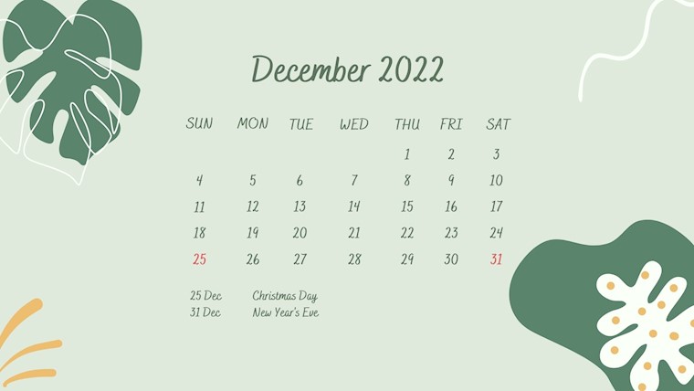 green illustrationj december 2022 calendar