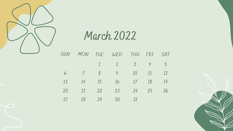 green illustrationj march 2022 calendar