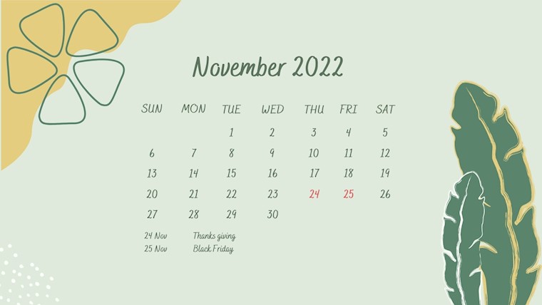 green illustrationj november 2022 calendar