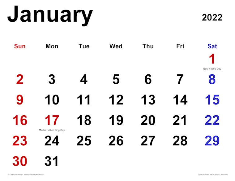 january 2022 calendar classic