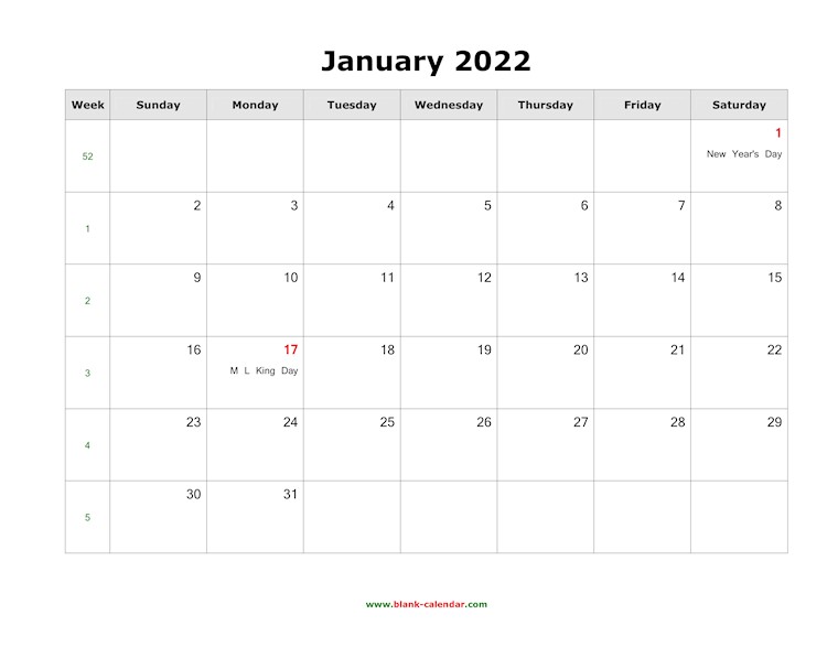 january 2022 calendar holidays blank landscape