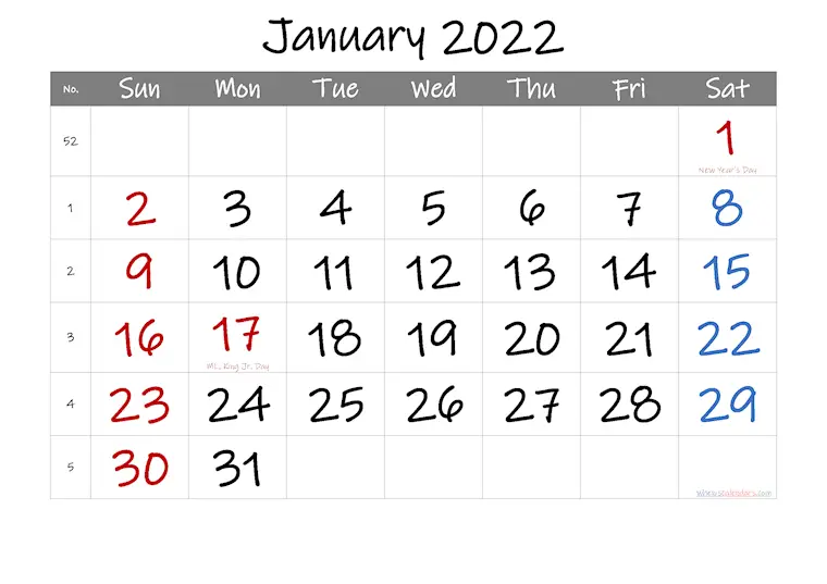 january 2022 calendar printable holidays week inkfree 1