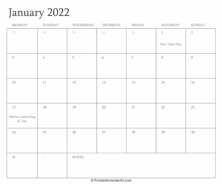 january 2022 calendar printable holidays