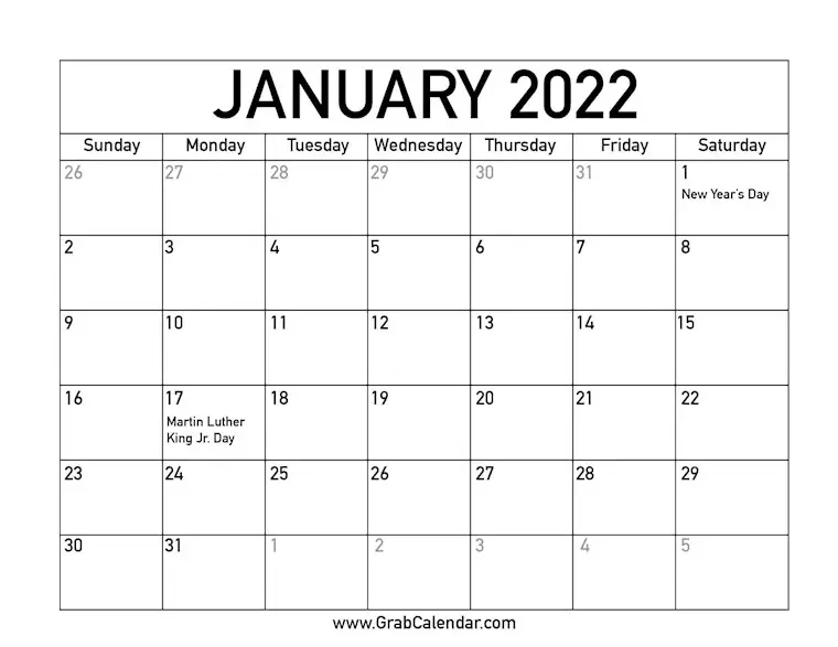 january 2022 calendar with holidays
