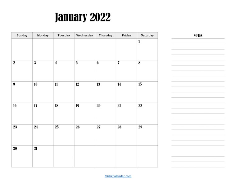 landscape january 2022 calendar with notes