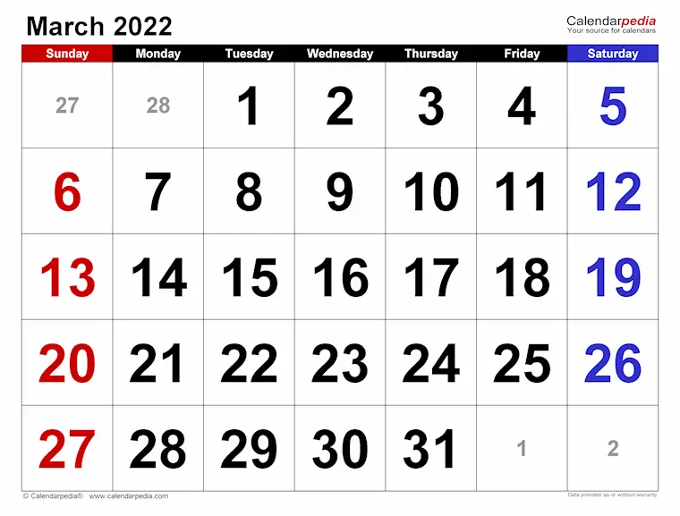 march 2022 calendar large numerals