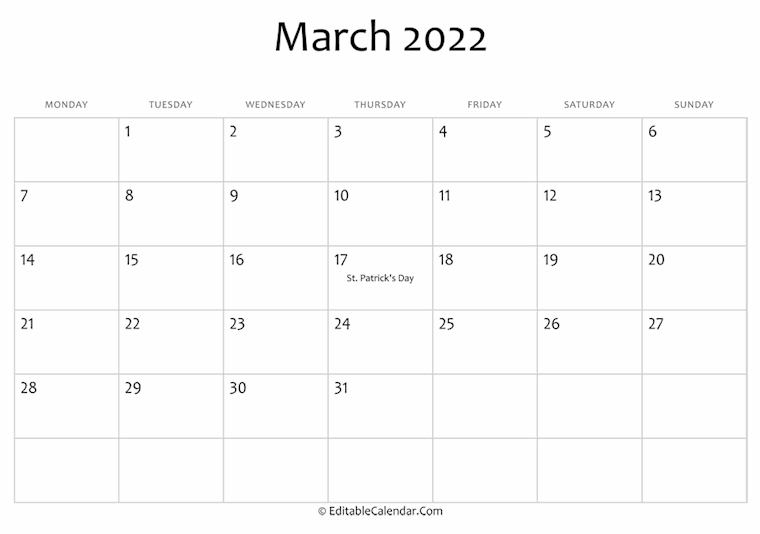 march 2022 printable calendar holidays