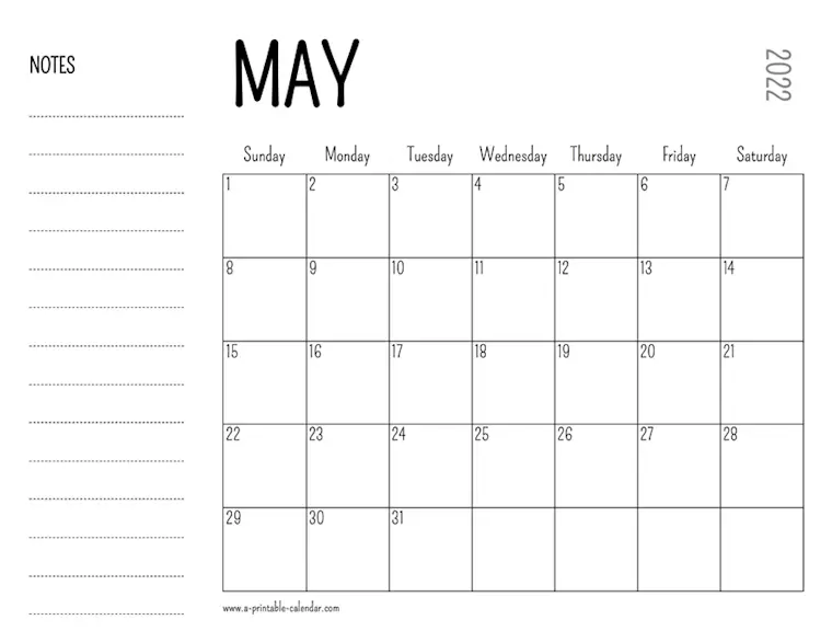 may 2022 printable calendar