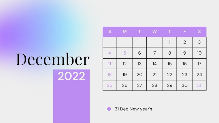 minimal purple december 2022 calendar