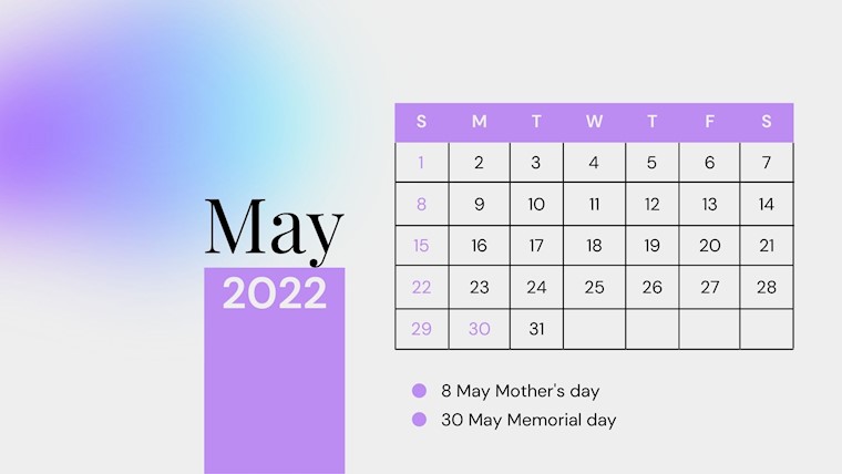 minimal purple may 2022 calendar